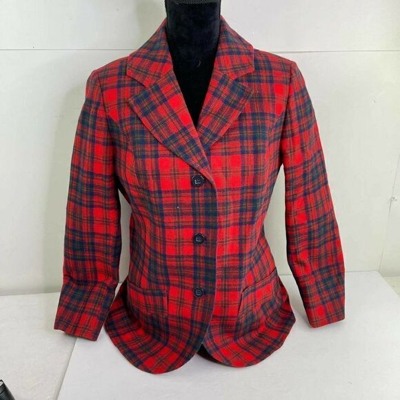 Vintage PENDLETON Women's Checked Wool Jacket Size 14 Red plaid blazer USA made - Picture 1 of 12